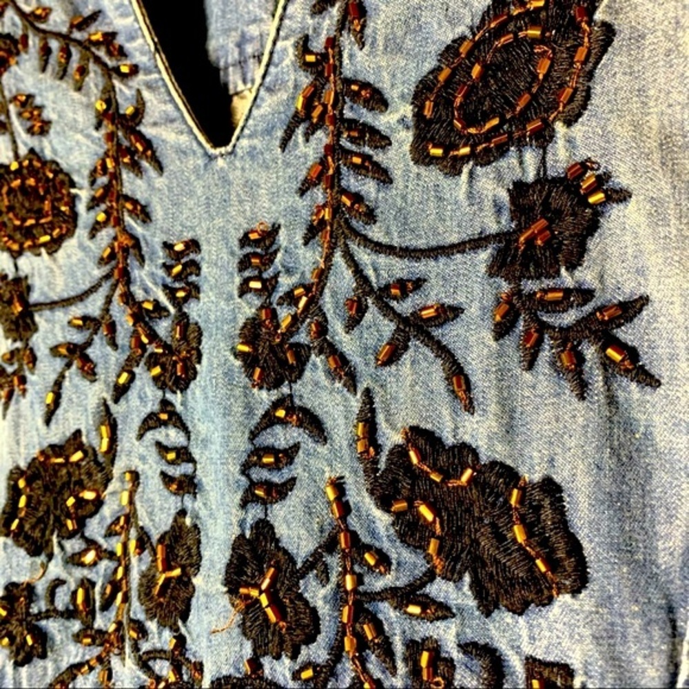 🌺Denim Embroidered Beaded Tantrums Midi Dress Sz L - Picture 6 of 15